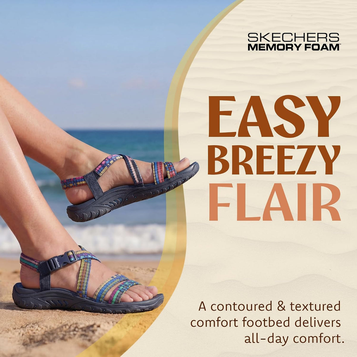 Skechers Women's Reggae Sew Me Boho Slingback Sandal | Machine Washable, Vegan, Arch Support Footbed, Woven Nylon Upper, Adjustable Buckle Strap