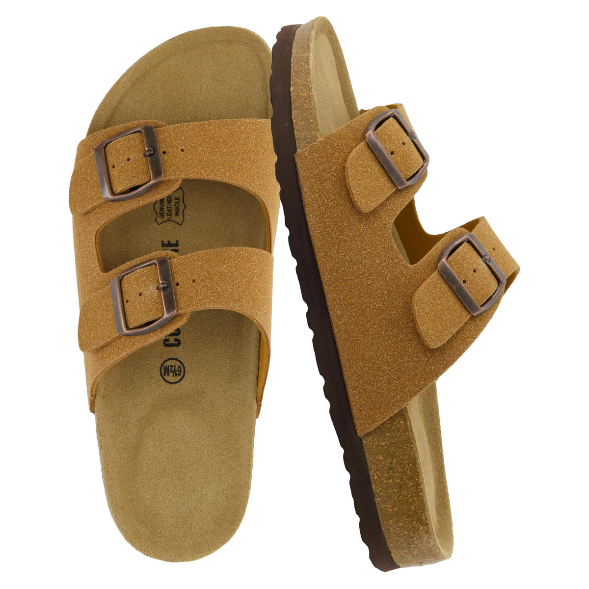 CUSHIONAIRE Lane Cork Footbed Womens Sandals Comfortable Double Buckle Slip On Sandals for Women with Arch Support and Classic Two Strap Design