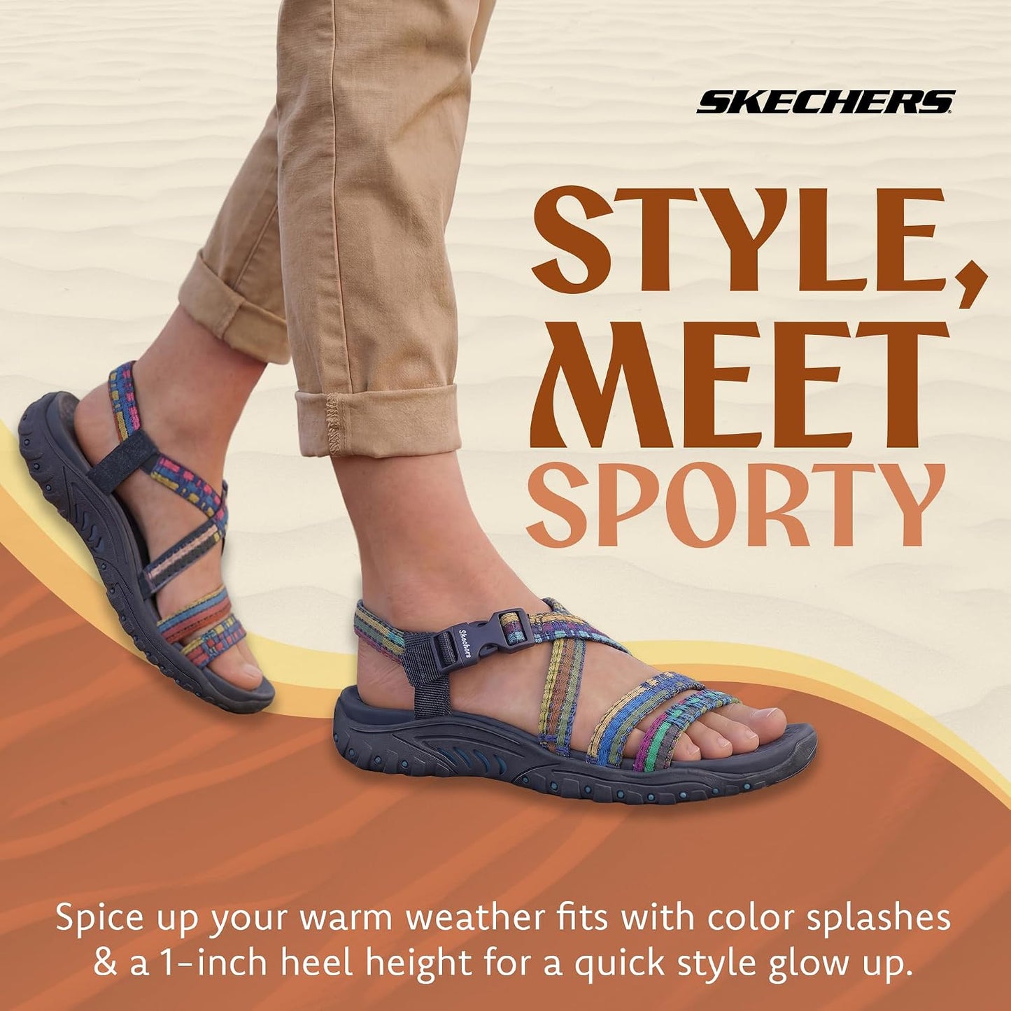 Skechers Women's Reggae Sew Me Boho Slingback Sandal | Machine Washable, Vegan, Arch Support Footbed, Woven Nylon Upper, Adjustable Buckle Strap