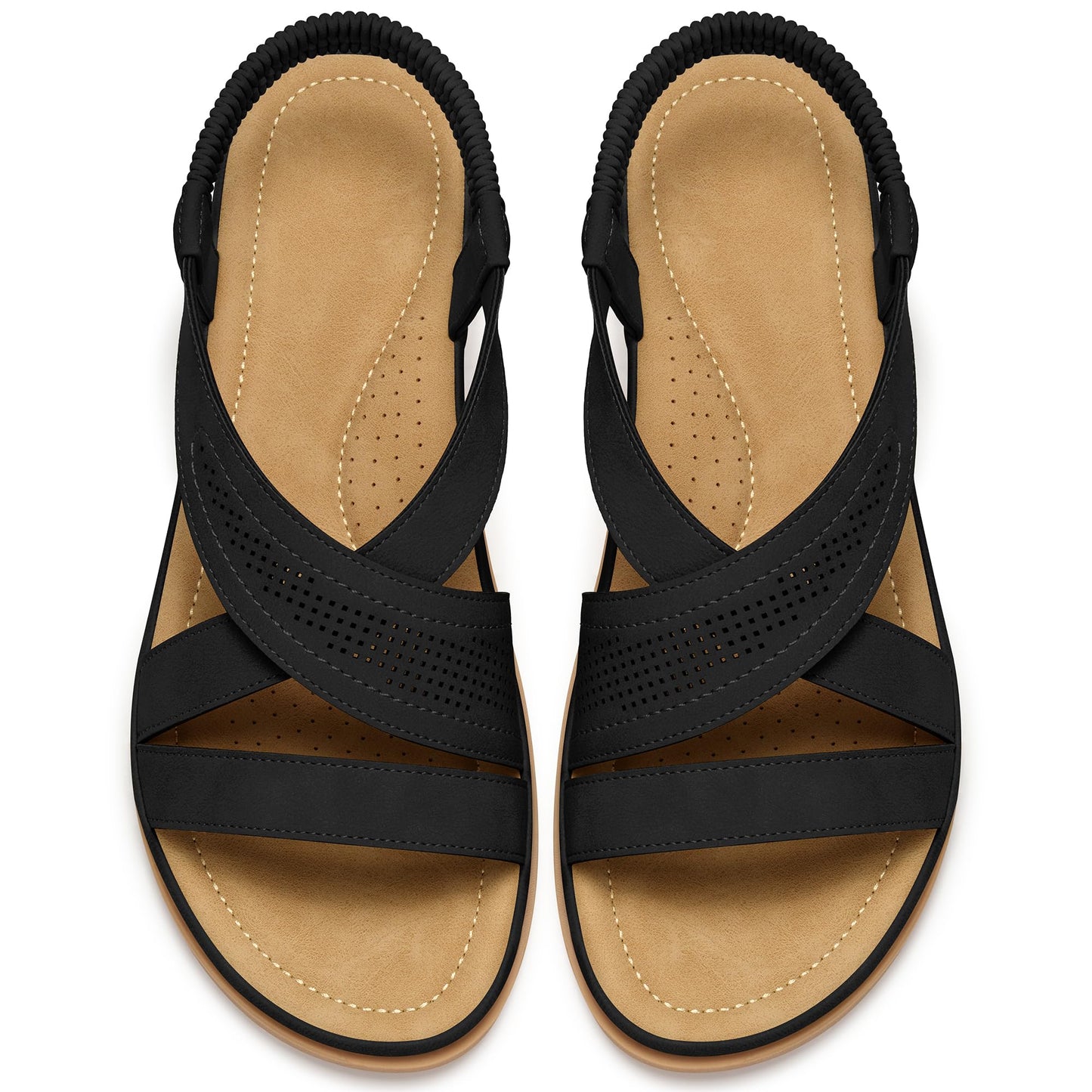 Women's Comfortable Flat Sandals: Open Toe Perforated Cross Straps & Elastic Slingback - Non-Slip Dressy Summer Shoes for Walking Vacation