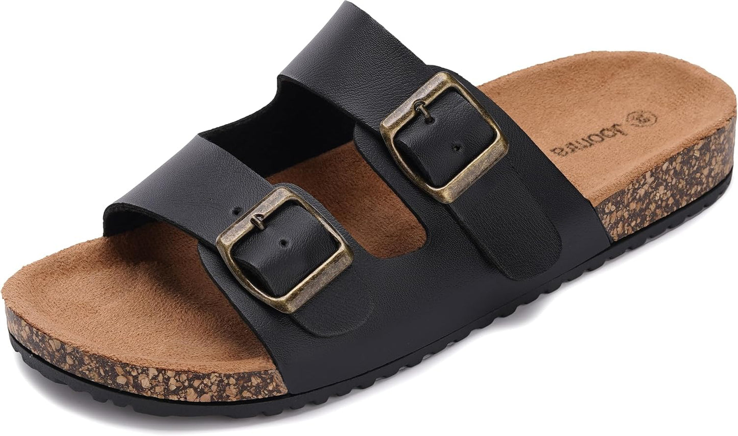 Joomra Women's Cork-Inspired Footbed Slides Adjustable Buckle Sandals | Natural Foot-Shaped, Vegan Upper, Two-Strap, Casual Daily Slippers, Comfy Indoor Outdoor Sandles