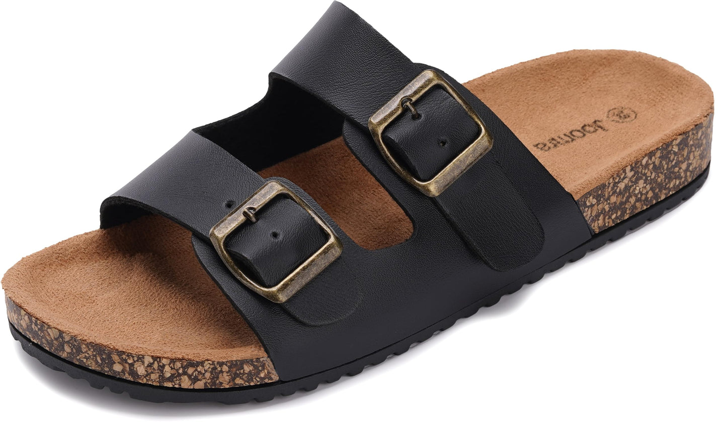 Joomra Women's Cork-Inspired Footbed Slides Adjustable Buckle Sandals | Natural Foot-Shaped, Vegan Upper, Two-Strap, Casual Daily Slippers, Comfy Indoor Outdoor Sandles