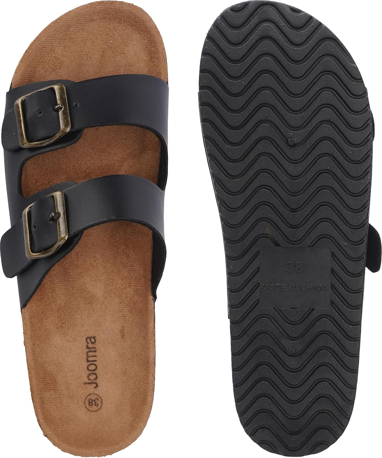 Joomra Women's Cork-Inspired Footbed Slides Adjustable Buckle Sandals | Natural Foot-Shaped, Vegan Upper, Two-Strap, Casual Daily Slippers, Comfy Indoor Outdoor Sandles