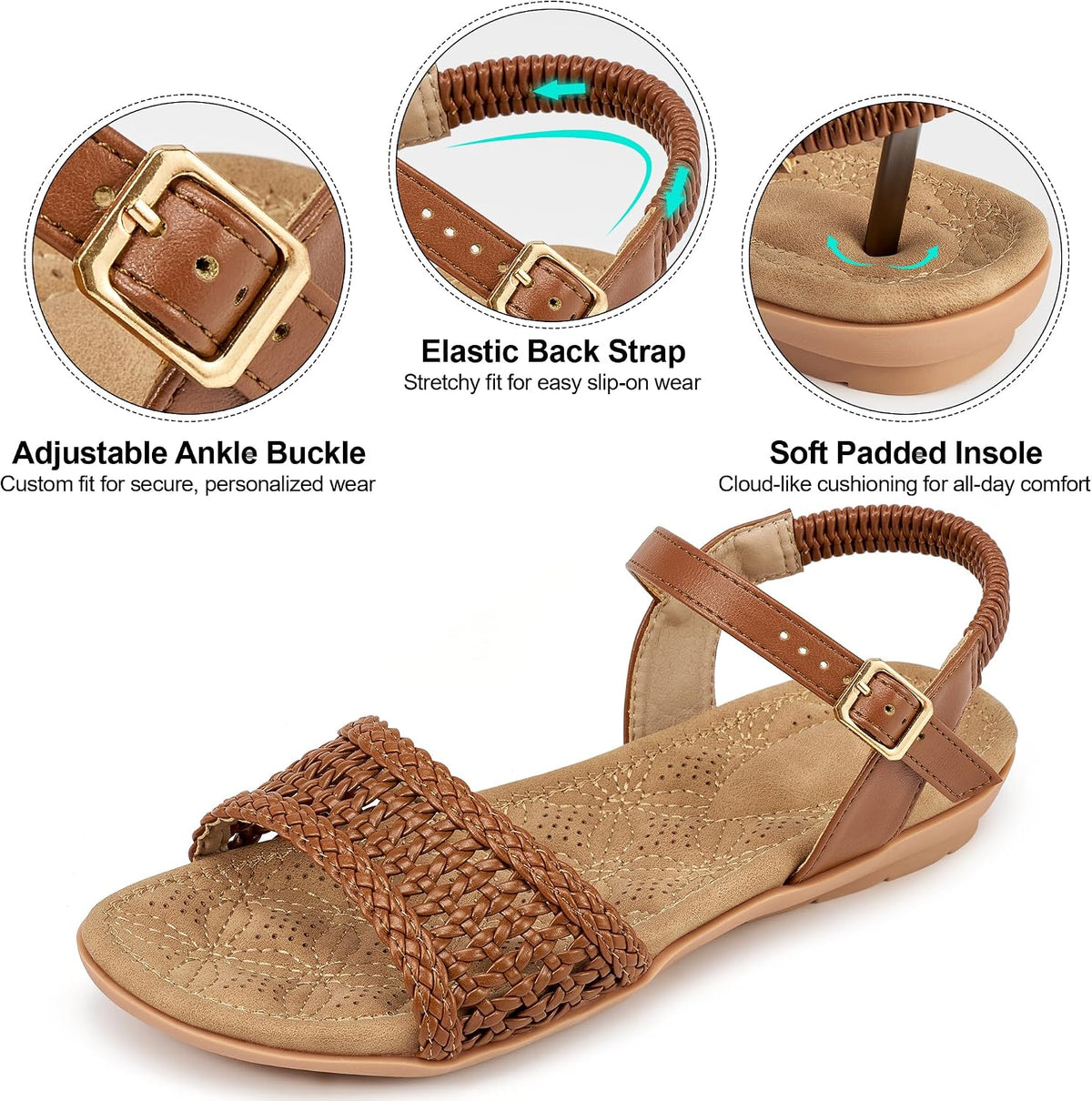 Alicegana Womens Sandals Comfortable Flats: Dressy Summer Woman Shoes | Adjustable Buckle Elastic Strap - Breathable Woven & Cushioned Insole Flat Sandals for Daily Casual Walking Vacation Outings