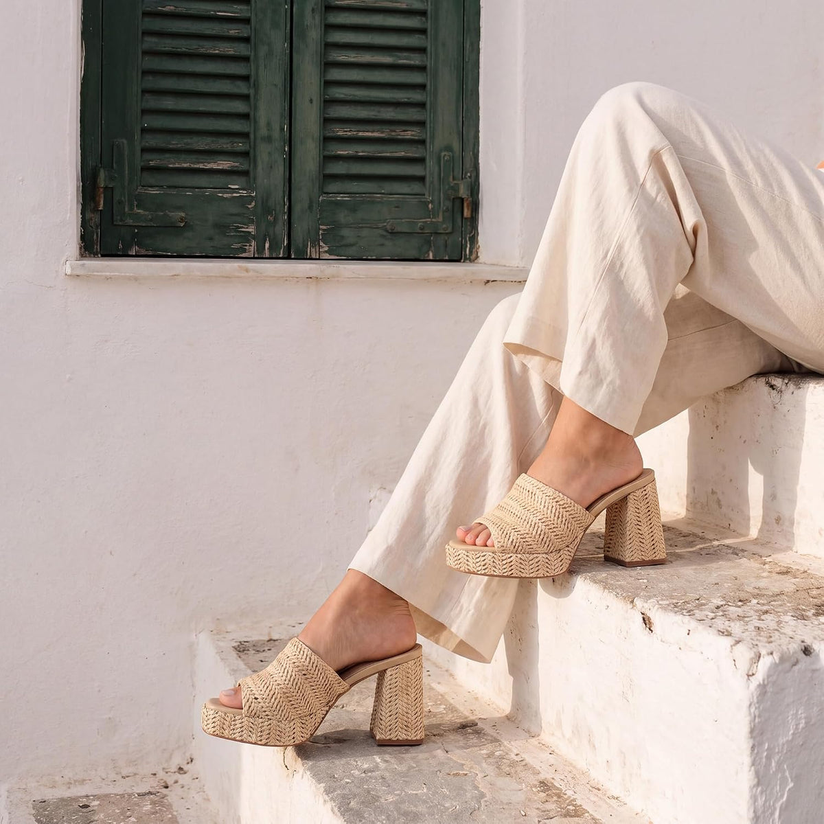 Monrovia Raffia Platform Heels for Women – Chunky Block Open Toe Woven Slides, Natural Straw Summer Dressy Vacation Sandals, Comfortable Heeled Slip On Mules