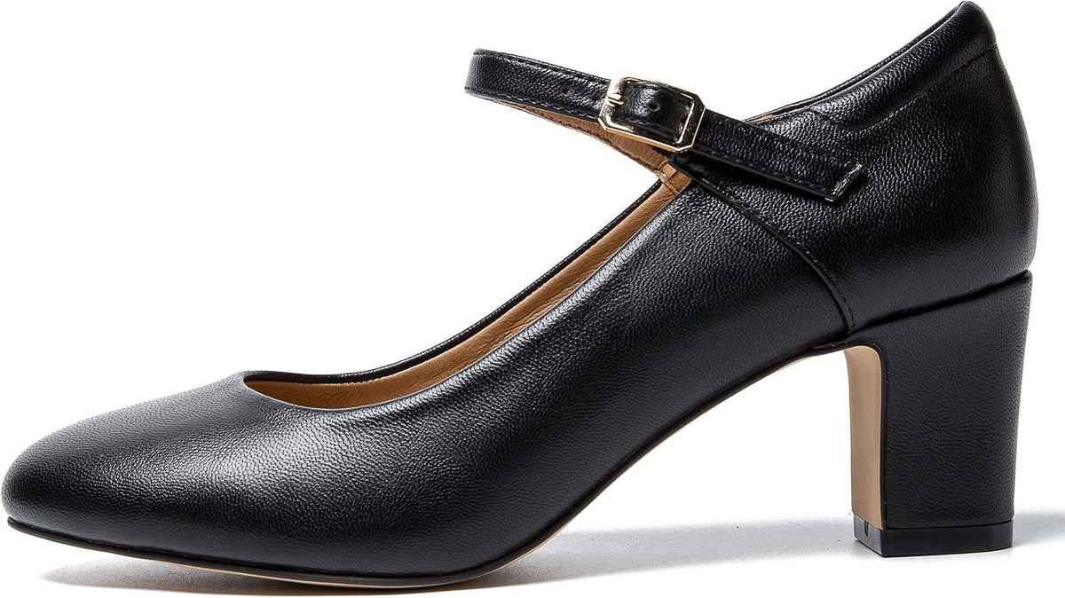 MAIERNISI JESSI Women's Mary Jane Pumps, 2.36 Inch Block Heel, Ankle Strap with Buckle, Closed Toe