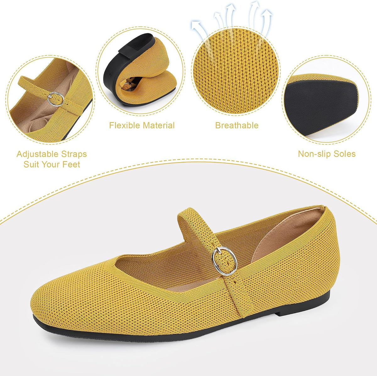 Knit Flats for Women Square Toe Casual Ballet Flat Shoes with Ankle Strap Washable Comfortable Formal Mary Jane Flat Shoes
