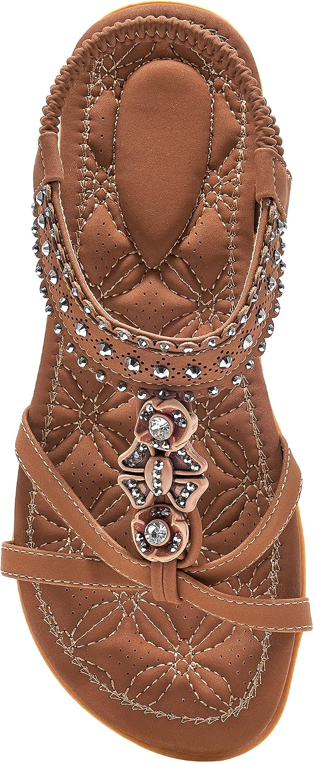 Alicegana Dressy Womens Sandals Summer: Comfortable Jeweled Bohemian Flats Sandals Women for Vacation & Wedding - Casual Walking Woman Shoes with Elastic Ankle Strap