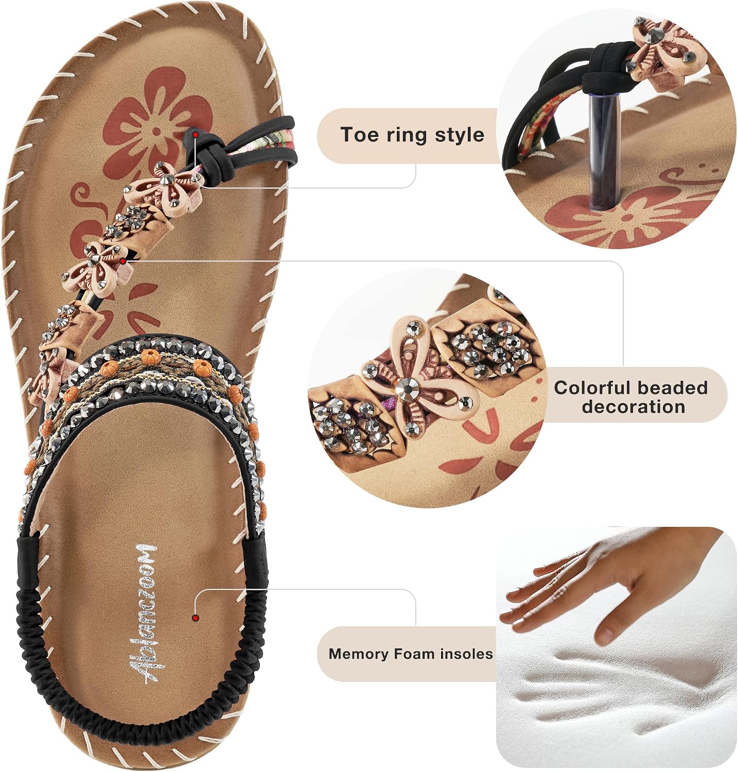 Ablanczoom Flat Sandals for Women Summer: Casual Boho Beaded Toe Ring Dress Shoes - Comfortable Vacation Daily Walking Shoes