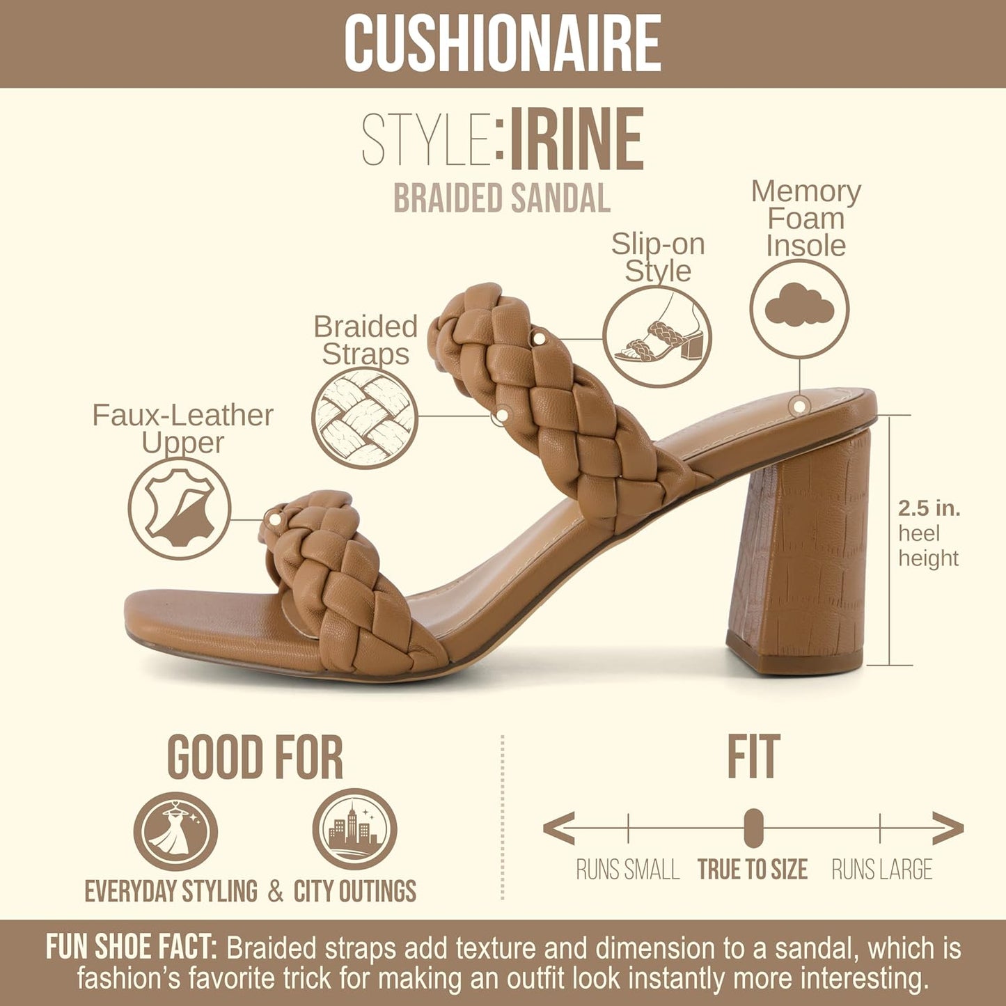 CUSHIONAIRE Irine Chunky Heels for Women, Braided Block Heel Sandals with Square Toe and Memory Foam