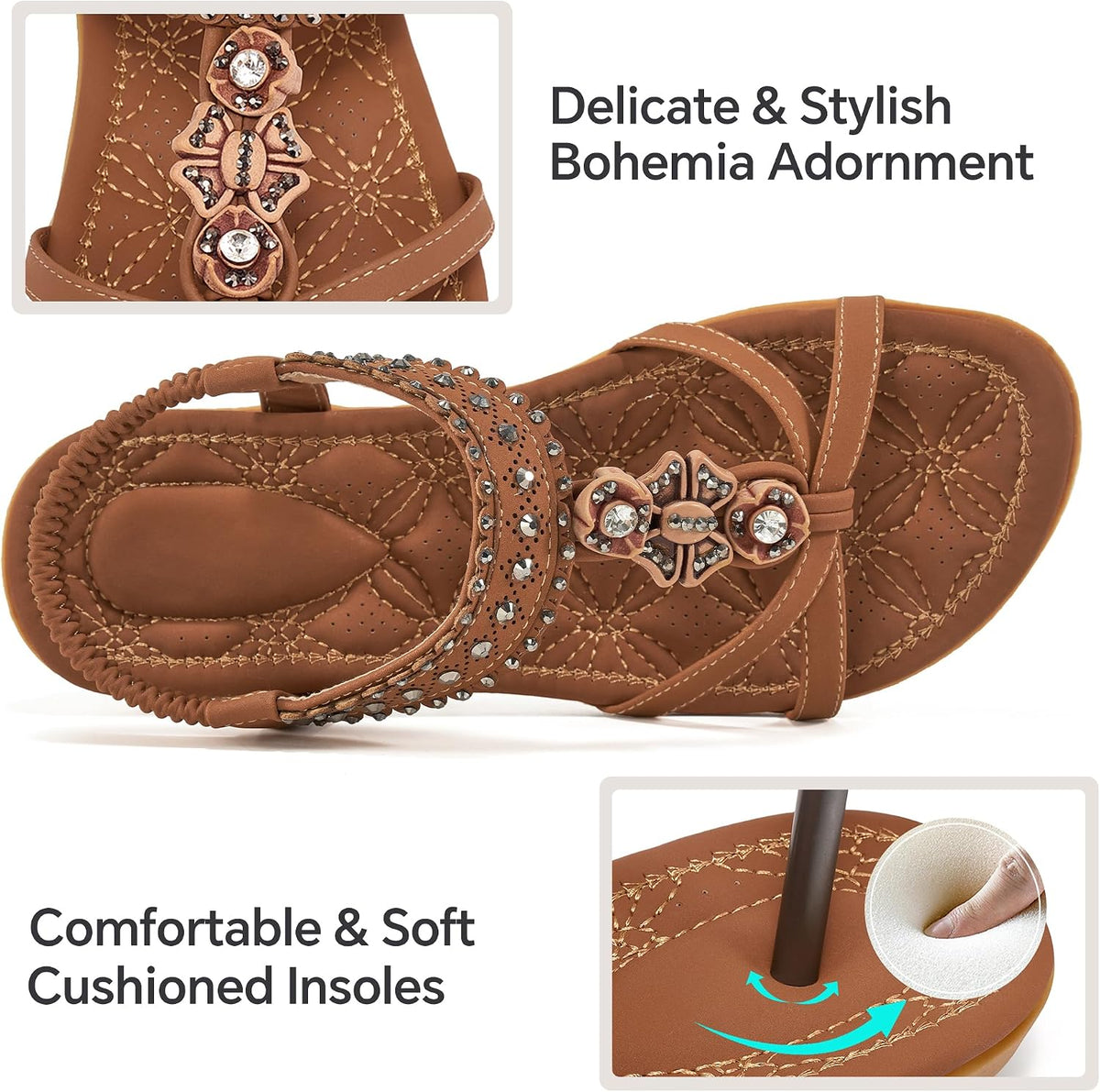 Alicegana Dressy Womens Sandals Summer: Comfortable Jeweled Bohemian Flats Sandals Women for Vacation & Wedding - Casual Walking Woman Shoes with Elastic Ankle Strap