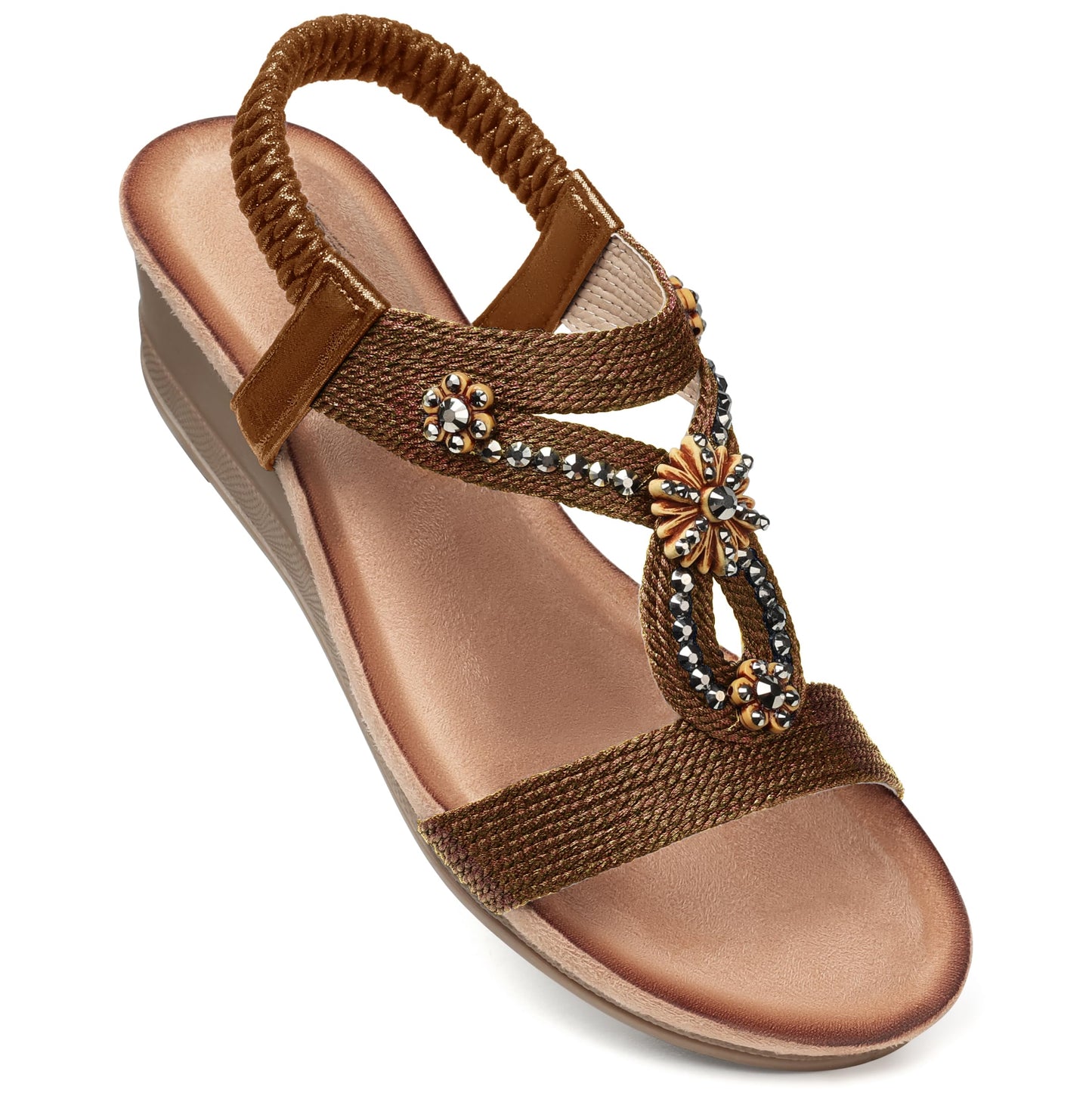 SHIBEVER Womens Wedge Sandals Dressy: Comfortable Low Heels Sandals Summer | Elastic Back Strap, Open Toe, with Cushioning, Arch Support Casual Dress Shoes for Walking Beach Travel Vacation Size 5-12