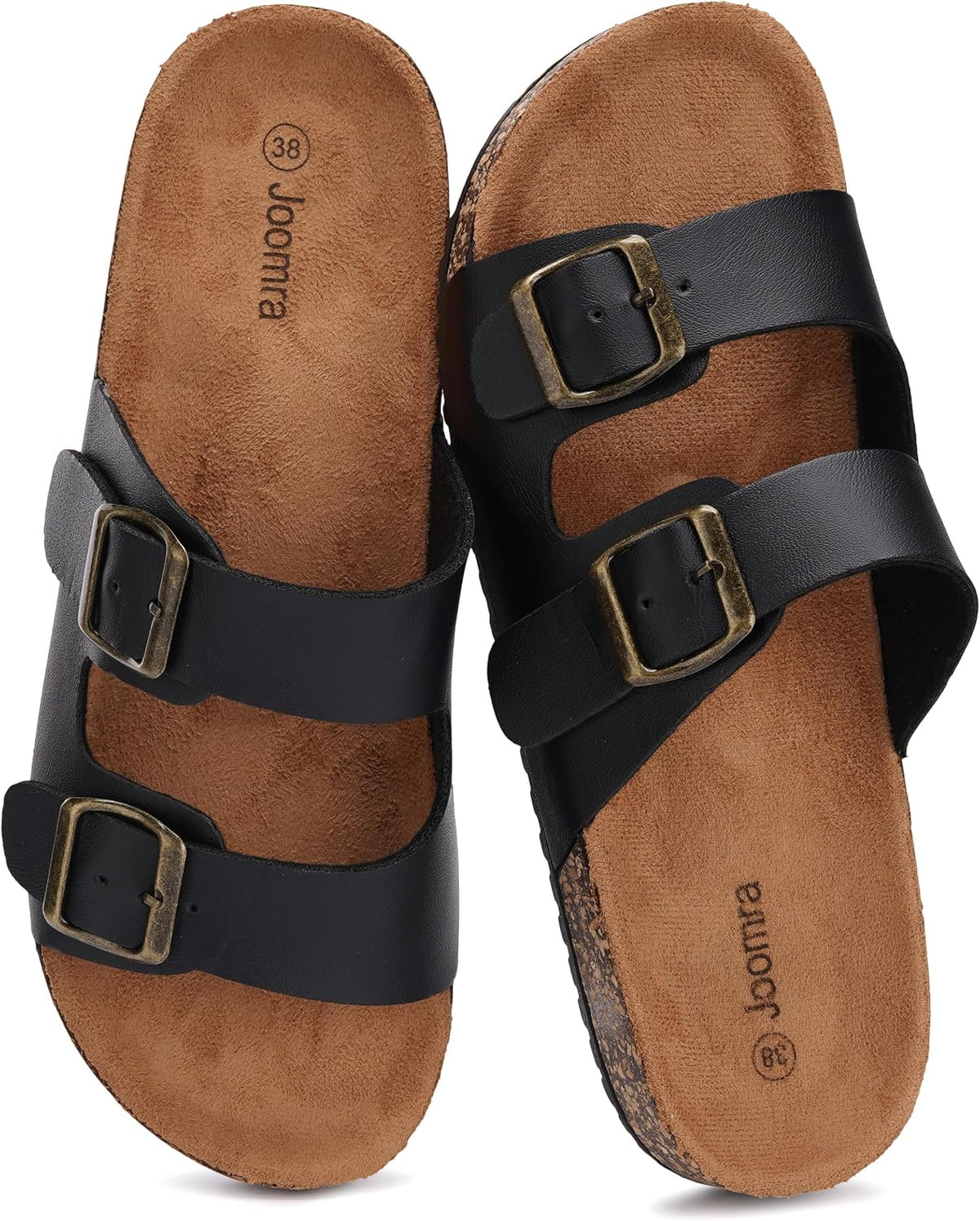 Joomra Women's Cork-Inspired Footbed Slides Adjustable Buckle Sandals | Natural Foot-Shaped, Vegan Upper, Two-Strap, Casual Daily Slippers, Comfy Indoor Outdoor Sandles