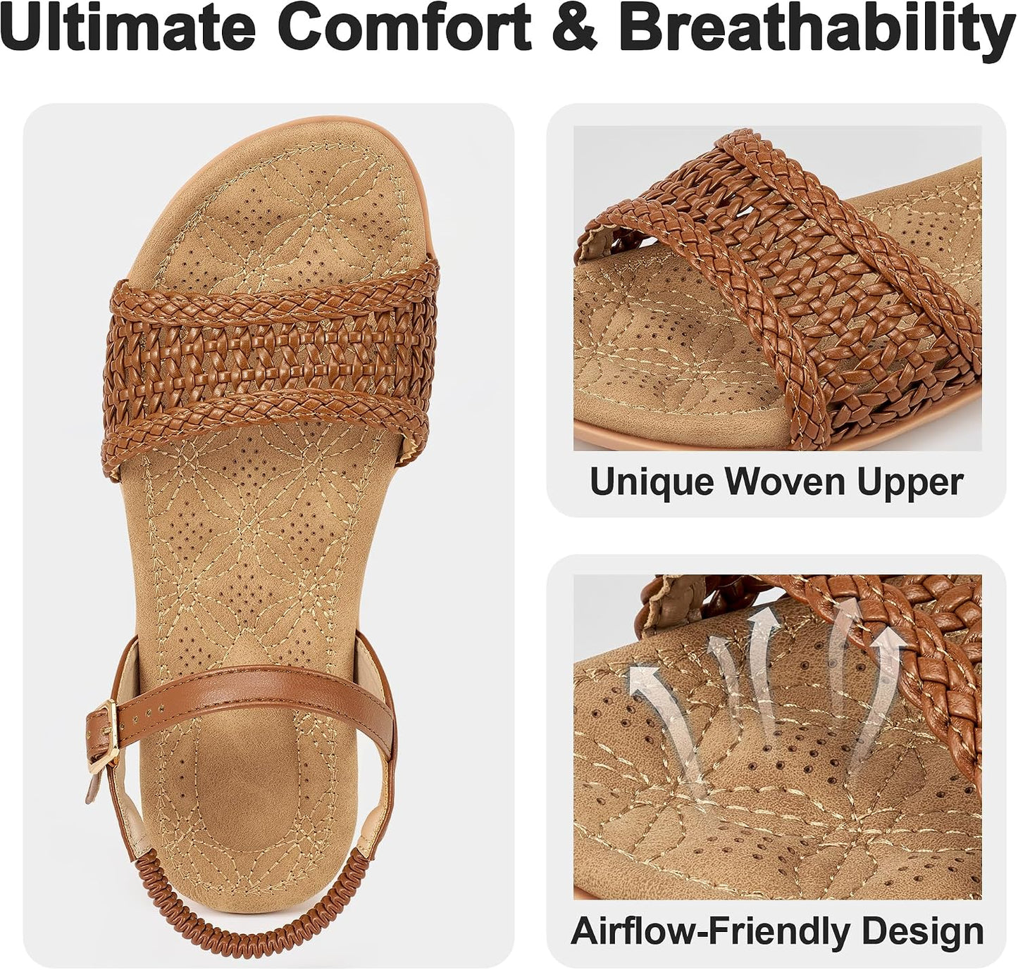 Alicegana Womens Sandals Comfortable Flats: Dressy Summer Woman Shoes | Adjustable Buckle Elastic Strap - Breathable Woven & Cushioned Insole Flat Sandals for Daily Casual Walking Vacation Outings