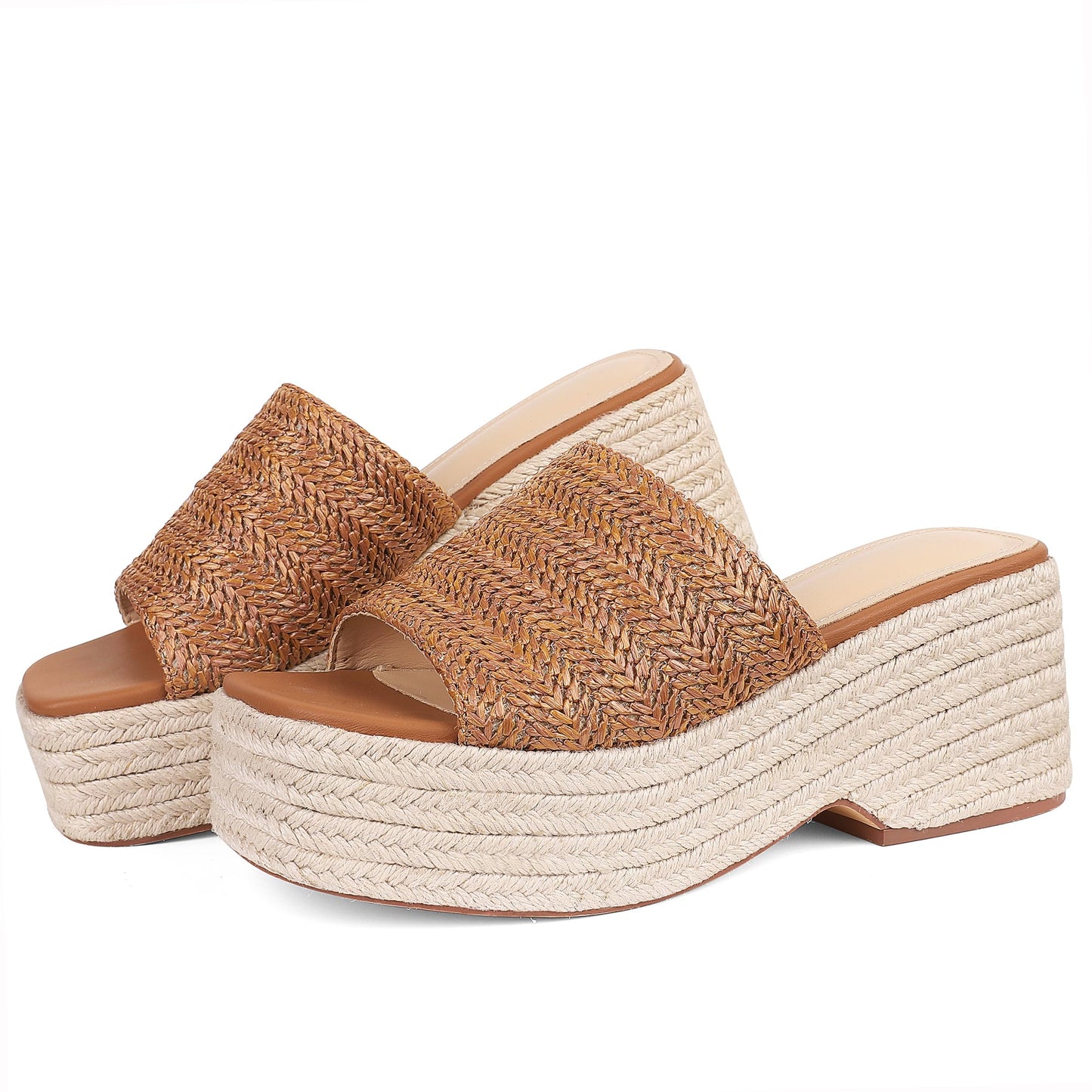 EQAUDES Platform Sandals For Women Espadrilles Wedges Summer Beach Shoes | Raffia, Woven, Chunky Block Heels, Dressy Slides, Non-Slip Sole, Slip On, Square Open Toe, Daliy And Vacation Outfits