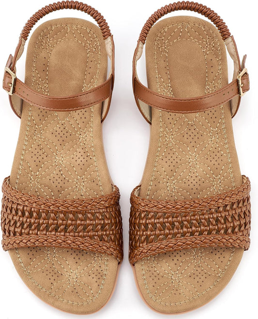 Alicegana Womens Sandals Comfortable Flats: Dressy Summer Woman Shoes | Adjustable Buckle Elastic Strap - Breathable Woven & Cushioned Insole Flat Sandals for Daily Casual Walking Vacation Outings
